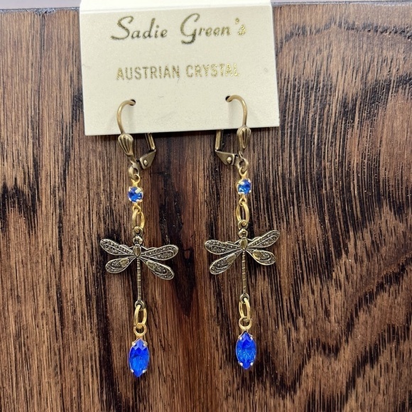 Blue Austrian Crystal Dragonfly Earrings. Brass Findings Dangling Earrings Blue - Picture 1 of 11